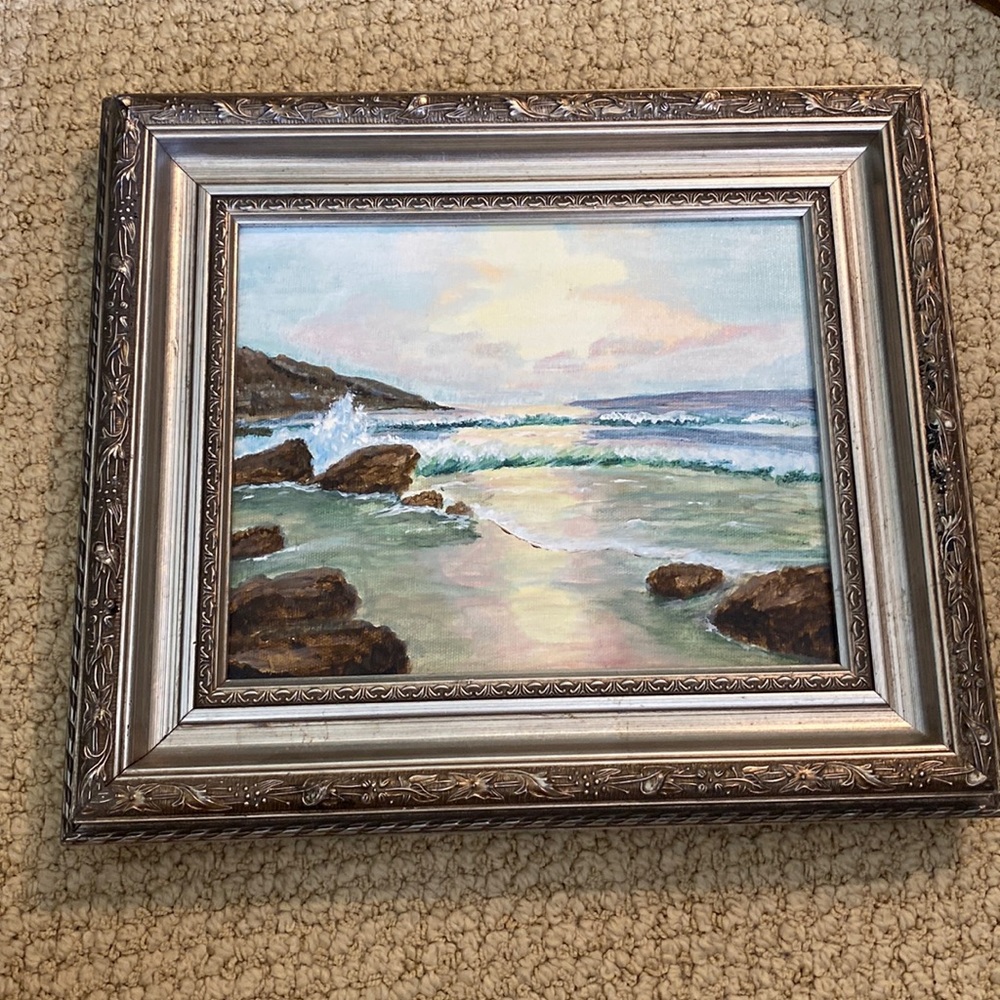 Hand painted original seascape painting in silver gallery quality frame